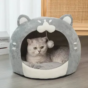 Autumn Winter Warm Comfy PP Cotton Cat Bed - Adorable Pet House, Cozy Cat-Shaped Soft Pet Bed, House with Cushion for Small Dogs and Cats