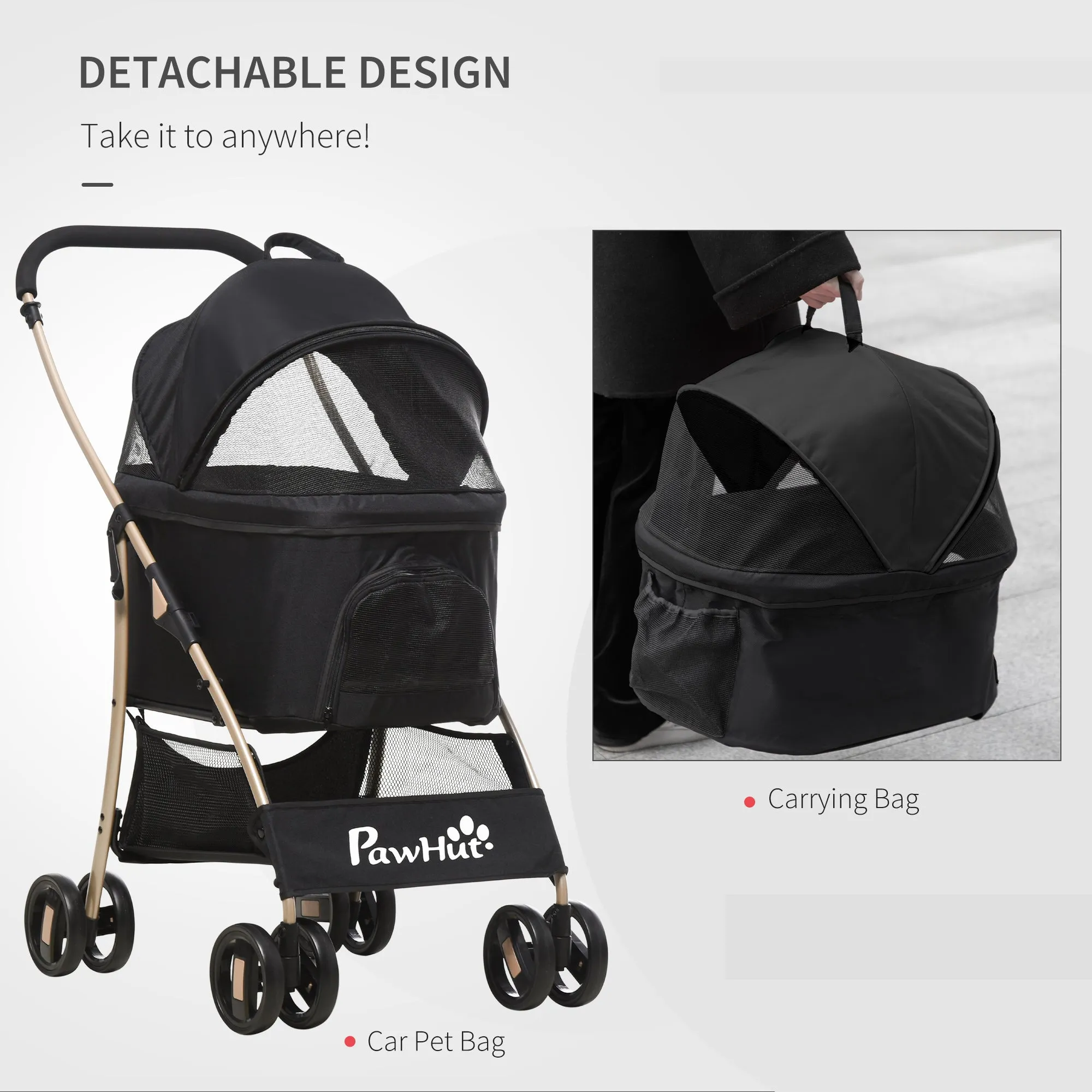 Detachable Pet Stroller 3-In-1 Dog Cat Travel Carriage Foldable Carrying Bag with Universal Wheel Brake Canopy Basket Storage Bag Black