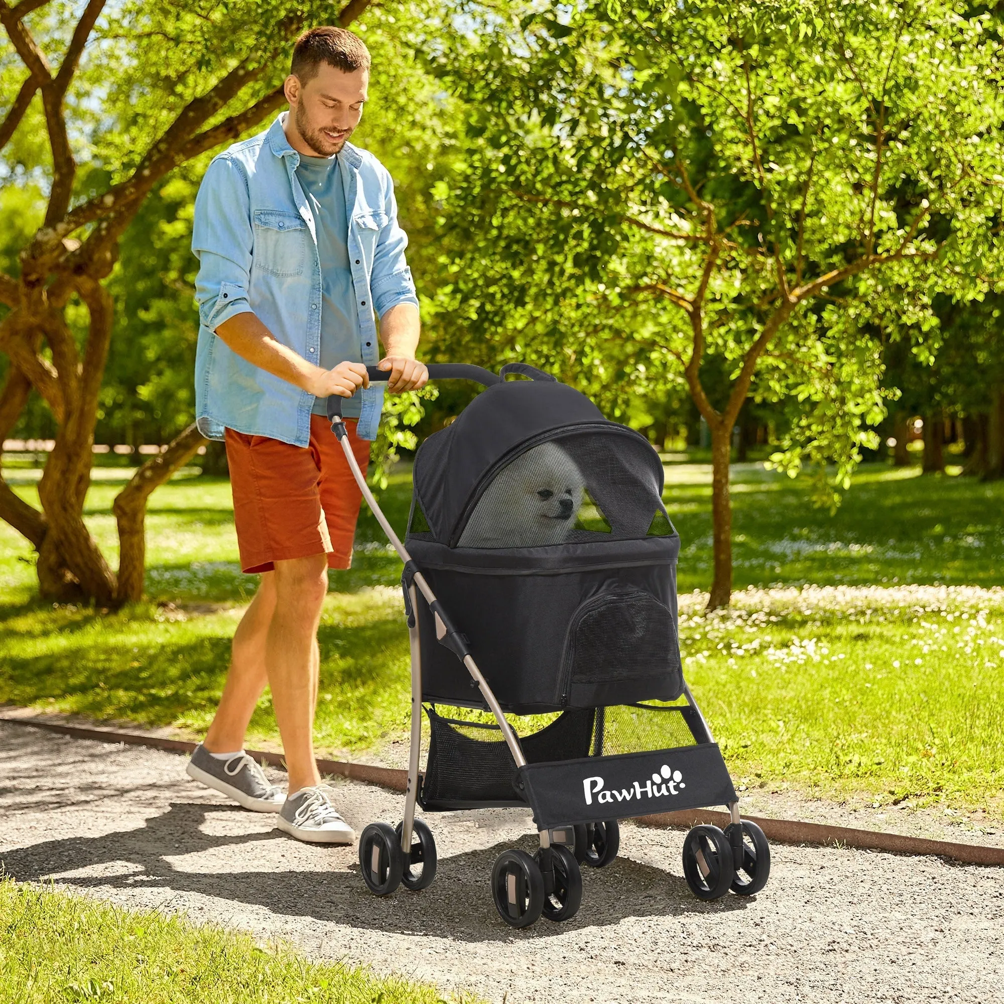 Detachable Pet Stroller 3-In-1 Dog Cat Travel Carriage Foldable Carrying Bag with Universal Wheel Brake Canopy Basket Storage Bag Black