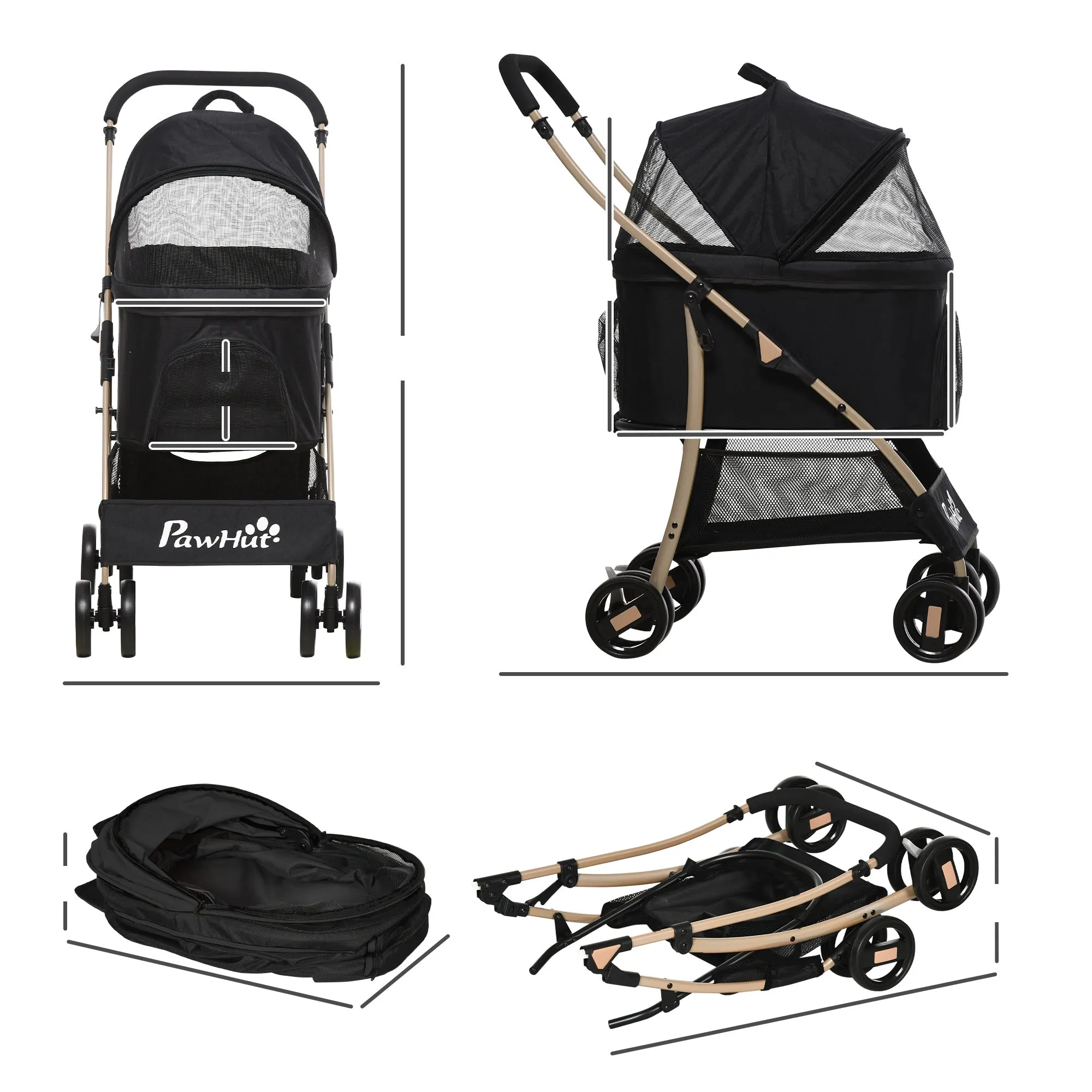Detachable Pet Stroller 3-In-1 Dog Cat Travel Carriage Foldable Carrying Bag with Universal Wheel Brake Canopy Basket Storage Bag Black