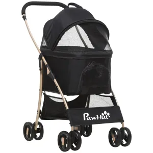 Detachable Pet Stroller 3-In-1 Dog Cat Travel Carriage Foldable Carrying Bag with Universal Wheel Brake Canopy Basket Storage Bag Black
