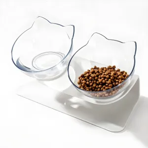 Non-slip Double Elevated Cat Bowls with Stand, 15 Tilte Raised Cat Watering & Feeding Bowls, Neck Guard Pet Feeder Bowl for Cat