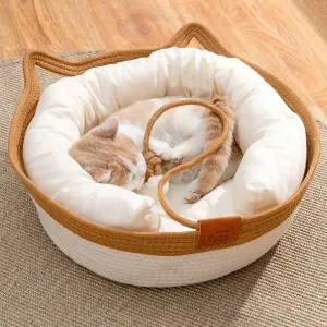 Pet Cat Mat Dog Bed Sofa - Handmade Weaving Four Season Cozy Nest Baskets, Waterproof Removable Cushion Sleeping House