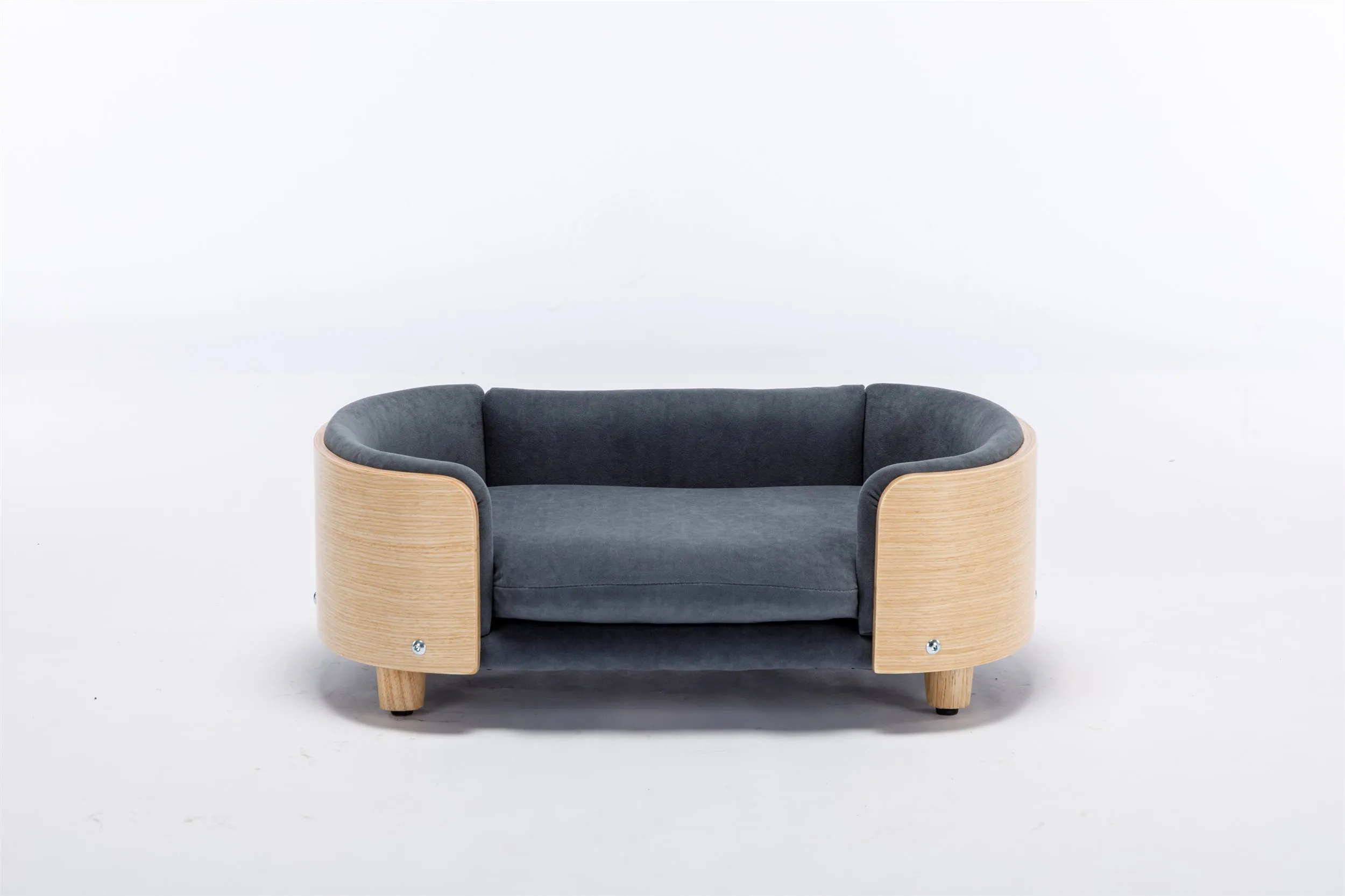 Scandinavian style Elevated Dog Bed Pet Sofa With Solid Wood legs and Bent Wood Back, Velvet Cushion,Mid Size,Dark Grey